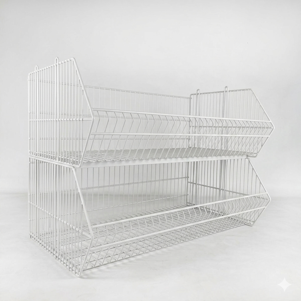 Two medium-duty 914 System rectangular wire mesh stacking baskets with a clean white epoxy powder-coated finish, demonstrating modular wire stacking baskets storage units.