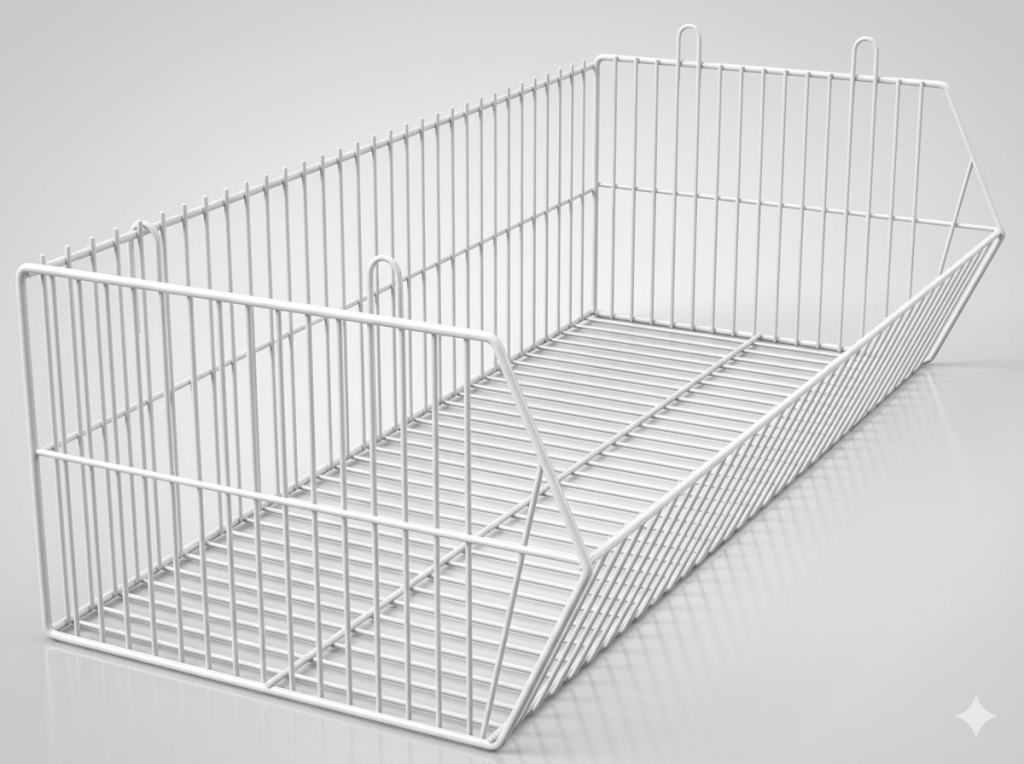 Medium-duty 914 system rectangular wire stacking basket featuring an open-front hopper design, solid 7mm border wire, and rear stacking loops