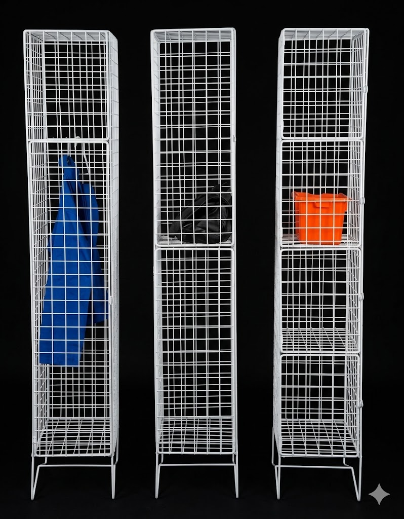 Three white powder-coated industrial wire mesh lockers with a blue jacket and an orange storage bin, demonstrating heavy-duty ventilated steel wire storage units.