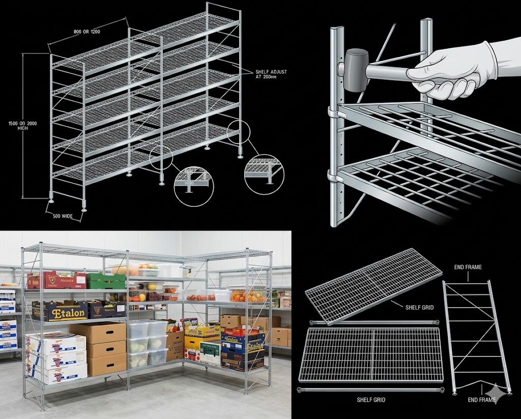 3D engineering schematic diagram of a multi-bay Shelfmaster wire shelving unit showing 500mm depth, adjustable height indicators, and configuration dimensions. A fully stocked modular Shelfmaster corner shelving unit inside a commercial cold room, neatly organizing fresh produce boxes, plastic food containers, and dry goods.